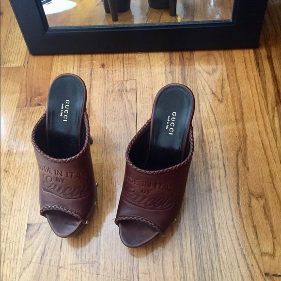 Gucci Brown Leather Craft Platform Peep Toe Mules - Picture 1 of 7